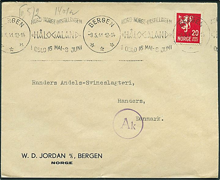 20 øre Løve på brev fra Bergen d. 9.5.1941 til Randers, Danmark. Åbnet af tysk censur i Oslo og passérstemplet Ak i København.