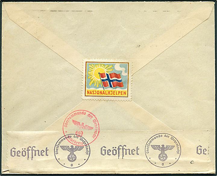 20 øre Løve på brev fra Bergen d. 9.5.1941 til Randers, Danmark. Åbnet af tysk censur i Oslo og passérstemplet Ak i København.