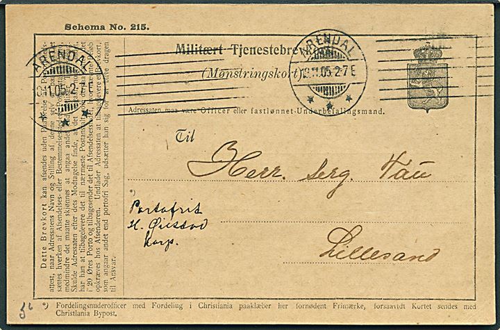 Militært Tjenestebrevkort (Mønstringskort) fra Arendal d. 18.11.1905 til Lillesand. Sendt umiddelbart efter den svensk-norske unionskrise.