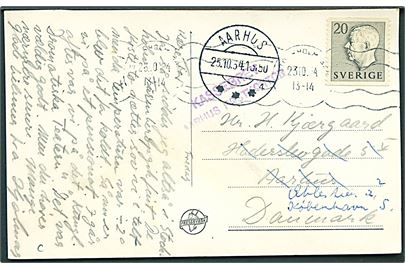 20 öre Gustaf på brevkort fra Stockholm d. 23.10.1954 til aarhus, Danmark. Eftersendt til København med violet stempel: Kassebrev Aarhus Postkontor.