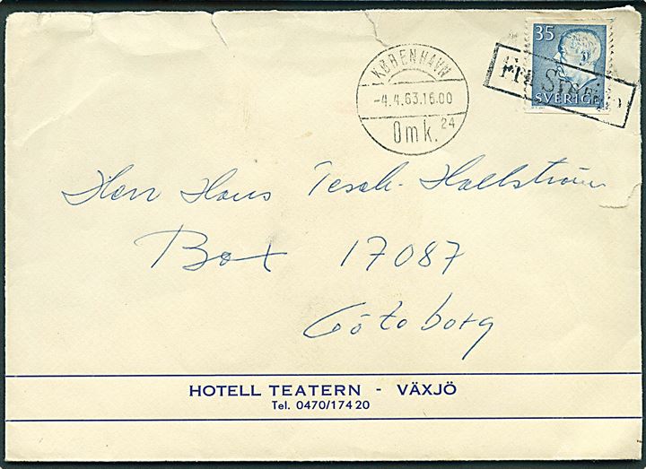 35 öre Gustaf på brev annulleret med skibsstempel Fra Sverige og sidestemplet København d. 4.4.1963 til Göteborg. Rifter i toppen og delvis manglende bagklap.