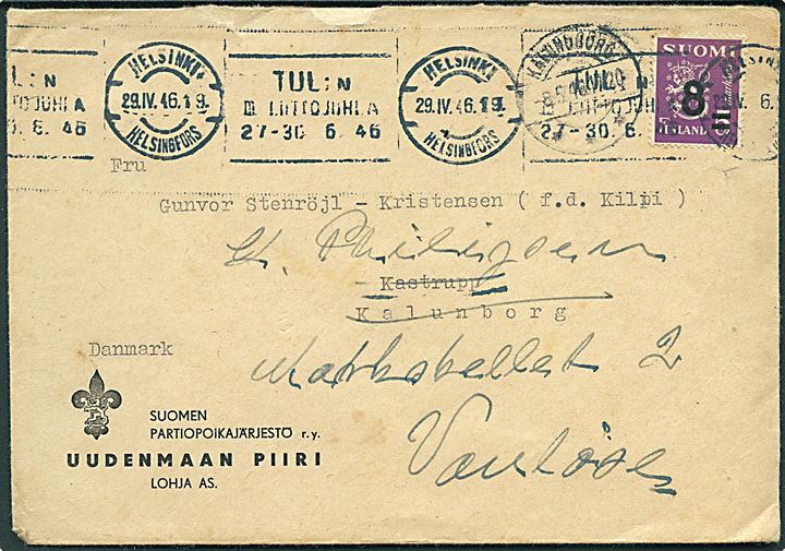8/5 mk. provisorium på fortrykt spejderkuvert (Soumen Partiopoikajärjestö Uudenmaan Piiri) fra Helsinki d. 29.4.1946 til Kalundborg, Danmark - eftersendt til Vanløse.