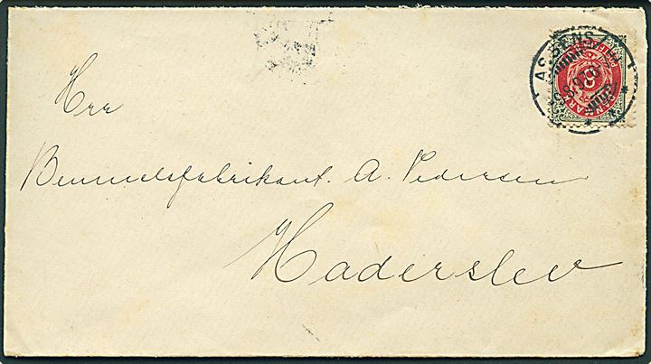 8 øre Tofarvet på GRÆNSEPORTO brev fra Assens d. 9.8.1897 til Haderlsev, Nordslesvig. Ank.stemplet Hadersleben *(Schleswig)1b d. 10.8.1897.