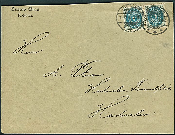 4 øre Tofarvet i vandret parstykke på GRÆNSEPORTO brev fra Kolding d. 14.12.1897 til Haderslev, Nordslesvig. Ank.stemplet Hadersleben *(Schleswig)1b d. 15.12.1897.