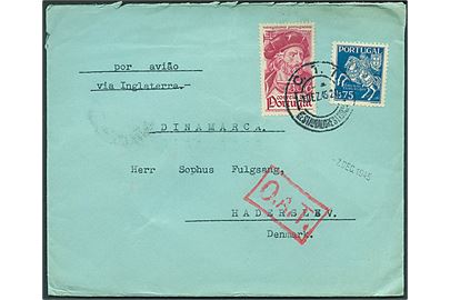 1$75 og 3$50 på luftpostbrev fra Lisboa d. 1.12.1945 til Haderslev, Danmark. Påskrevet por aviao via Inglaterra med rødt rammestempel O.A.T. (Onward Air Transmission) fra London. Pænt OAT-brev til Danmark.