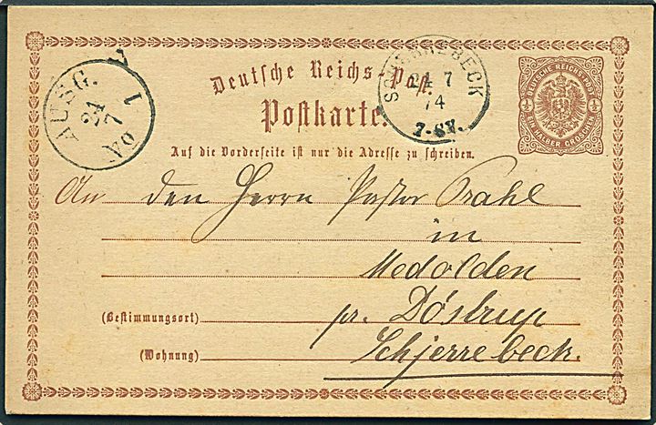 ½ gr. helsagsbrevkort dateret Höiup d. 23.7.1874 annulleret med enringsstempel Scherrebeck d. 24.7.1874 til Medolden pr. Döstrup, Scherrebeck.