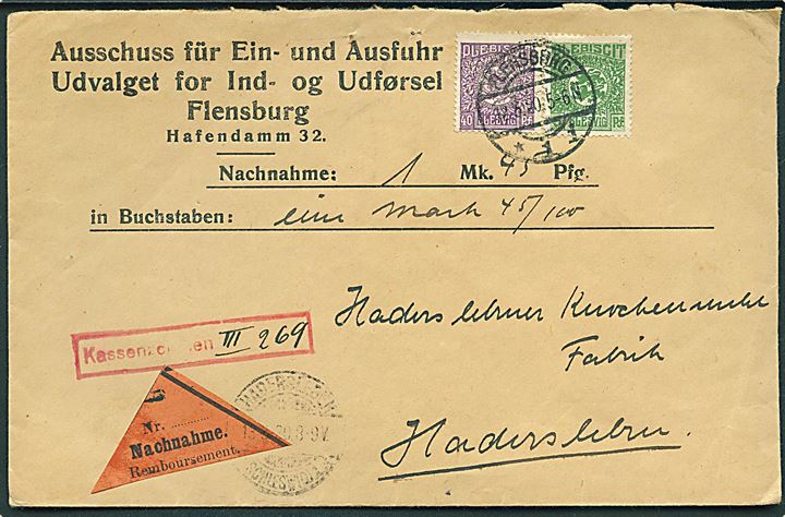 5 pfg. og 40 pfg. Fælles udg. på fortrykt kuvert fra Udvalget for Ind- og Udførsel sendt med opkrævning fra Flensburg d. 12.3.1920 til Haderslev.