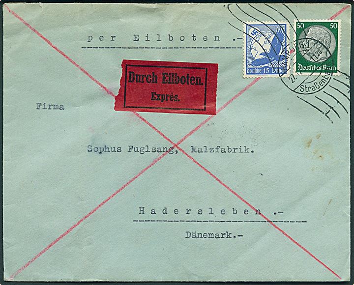 15 pfg. Luftpost og 50 pfg. Hindenburg på ekspresbrev annulleret med håndrullestempel Hamburg Strassenbahn d. 17.12.1937 via bureau Fredericia - Flensborg sn6 T.907 til Haderslev, Danmark.