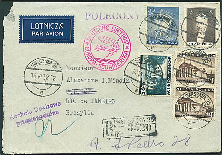 5,80 zl. blandingsfrankeret anbefalet luftpostbrev fra Warszawa d. 14.6.1938 via Berlin til Rio de Janeiro, Brasilien. Tysk luftpoststempel: Deutsche Luftpost Europa - Südamerika.