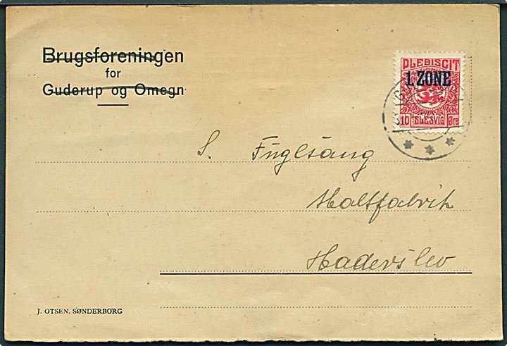 10 øre 1. Zone udg. på brevkort annulleret med brotype IIb Guderup d. 30.6.1920 til Haderslev.