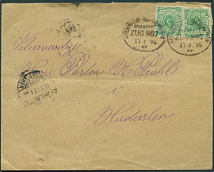 5 pfg. Ciffer (2) på brev annulleret med bureaustempel Apenrade - Rothenkrug Bahnpost Zug 861 d. 17.2.1895 til Haderslev. Fold.