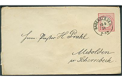 1 gr. helsagskuvert annulleret med enringsstempel Hadersleben d. 15.5.1874 til Medolden pr. Scherrebeck.