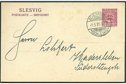 15 pfg. Fælles udg. helsagsbrevkort annulleret Scherrebek *(Schleswig)* d. 1.5.1920 til Haderslev.