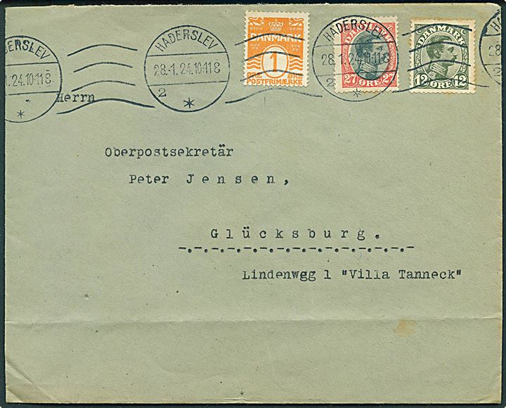1 øre Bølgelinie, 12 øre og 27 øre Chr. X på brev fra Haderslev d. 28.1.1924 til Glücksburg, Tyskland.