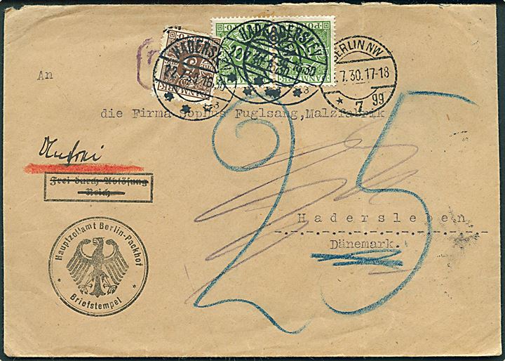 Ufrankeret tjenestebrev fra Hauptzollamt Berlin-Packhof stemplet Berlin d. x.7.1930 til Haderslev, Danmark. Udtrakseret i porto med 5 øre og 10 øre (par) Portomærke stemplet Haderslev d. 22.7.1930.