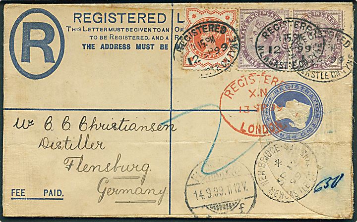 2d Victoria anbefalet helsagskuvert opfrankeret med ½d og 1d (par) Victoria fra Newcastle on Tyne d. 12.9.1899 via London til Flensburg, Tyskland.
