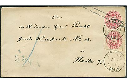 1 silb. gr. helsagskuvert opfrankeret med 1 silb. gr. stukken kant fra Leun d. 24.7.1867 til Halle.