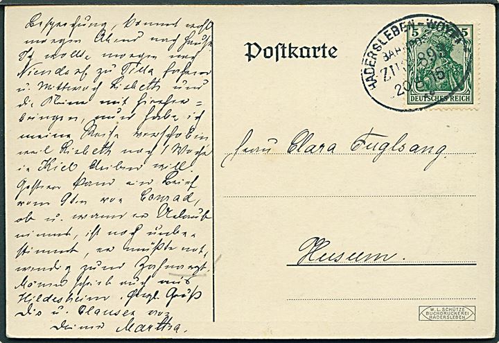 5 pfg. Germania på brevkort (Haderslebener Kriegshilfe 1914/15) annulleret med bureaustempel Hadersleben - Woyens Bahnpost Zug 893 d. 20.8.1915 til Husum.