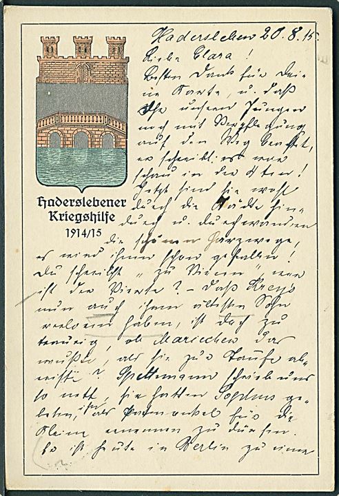 5 pfg. Germania på brevkort (Haderslebener Kriegshilfe 1914/15) annulleret med bureaustempel Hadersleben - Woyens Bahnpost Zug 893 d. 20.8.1915 til Husum.
