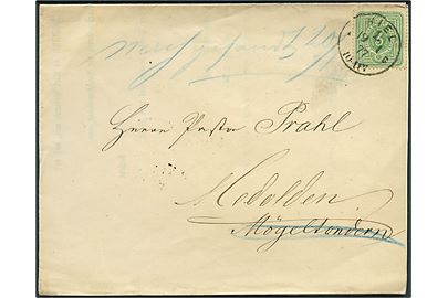 3 pfg. Ciffer single på tryksag fra Kiel d. 19.1.1877 til Medolden pr. Mögeltondern - eftersendt.