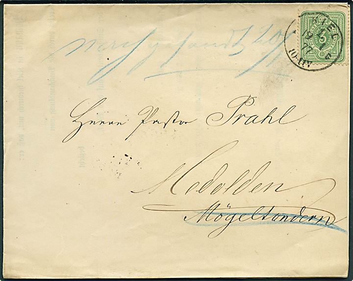 3 pfg. Ciffer single på tryksag fra Kiel d. 19.1.1877 til Medolden pr. Mögeltondern - eftersendt.