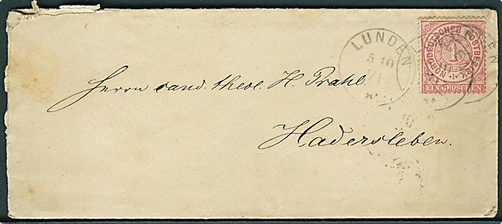 1 gr. på brev annulleret med enringsstempel Lunden d. 5.10.1871 til Haderslev.