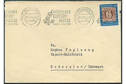 30 pfg. Frimærkejubilæum single på brev fra München d. 7.8.1950 til Haderslev, Danmark. Michel: €200.