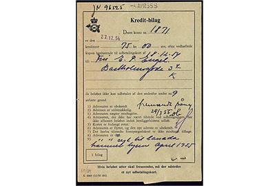 Kredit-bilag for manglende mulighed for indbetaling København d. 27.12.1954. Girotalon på bagsiden.