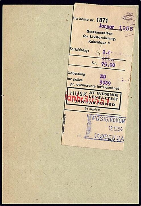 Kredit-bilag for manglende mulighed for indbetaling København d. 27.12.1954. Girotalon på bagsiden.