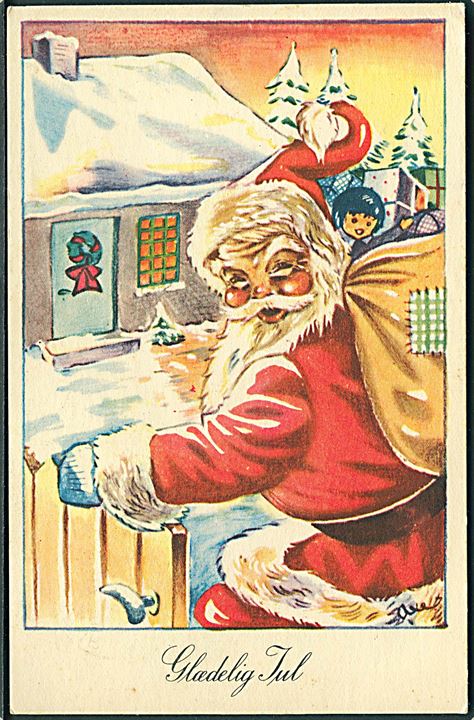 Axe Djervad: Glædelig Jul. Julemanden iført rød kåbe ved havelågen. Rudolf Olsens Kunstforlag u/no. 