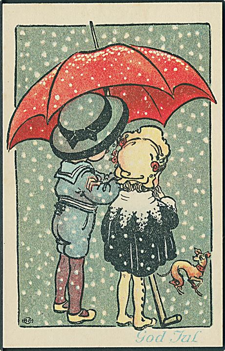 Henrik Emil Melchior: God Jul. Pige og dreng under rød paraply. Ed. F. Ph. no. 2590/3. 