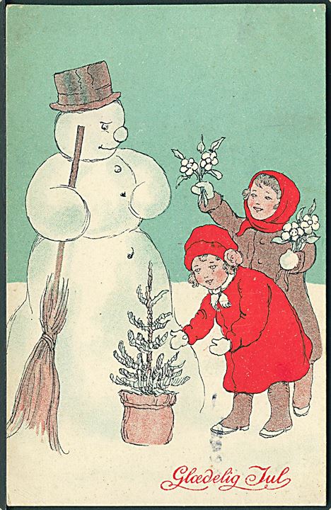 Ukendt Kunstner: Glædelig Jul. Piger pynter snemanden. Alex Vincents, serie 84/5. Anvendt 24. 12.15. 