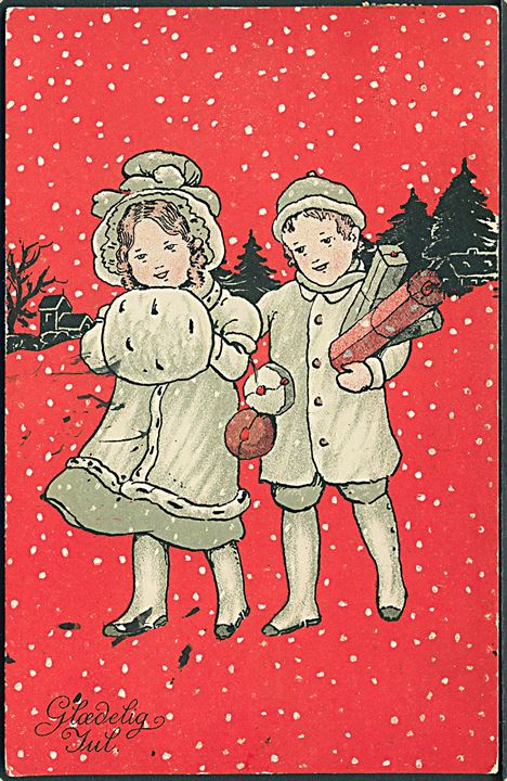 Ukendt Kunstner: Glædelig Jul. Pige og dreng i snevejr. Alex Vincents, serie 10/6. 