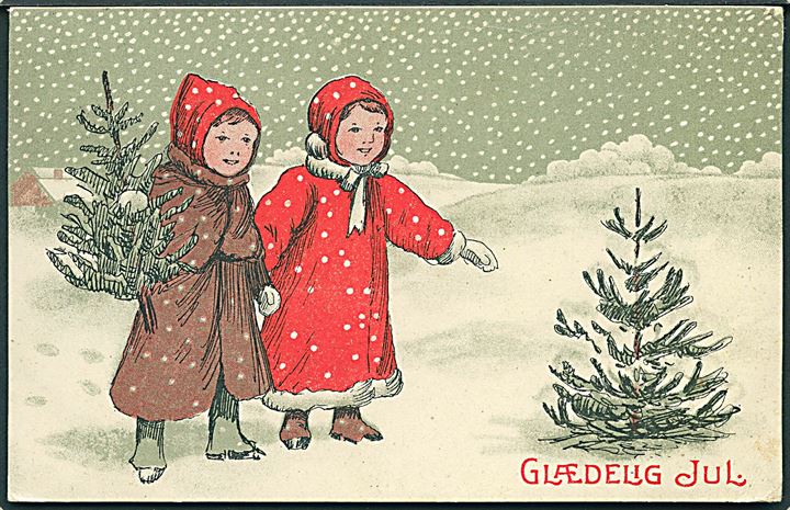 Glædelig Jul. Pige iført rød og brune jakker i snevejr. P. Hansen, serie 507/1.