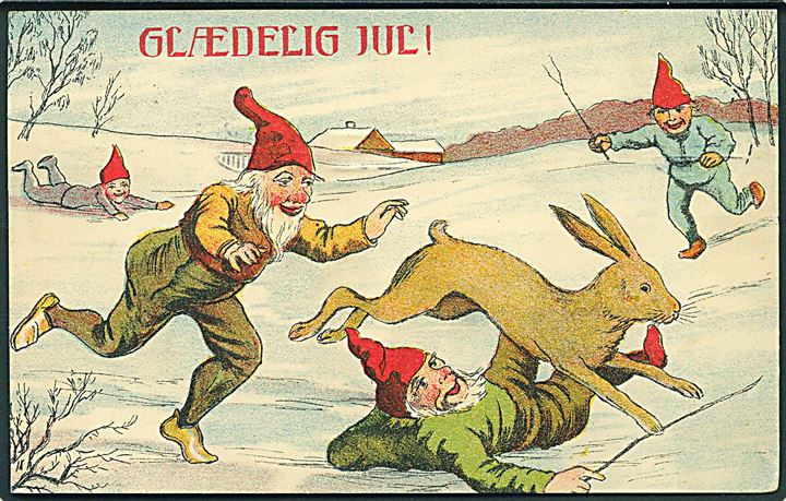 Glædelig Jul. Nisser jagter hare. Anvendt 24.12.10.