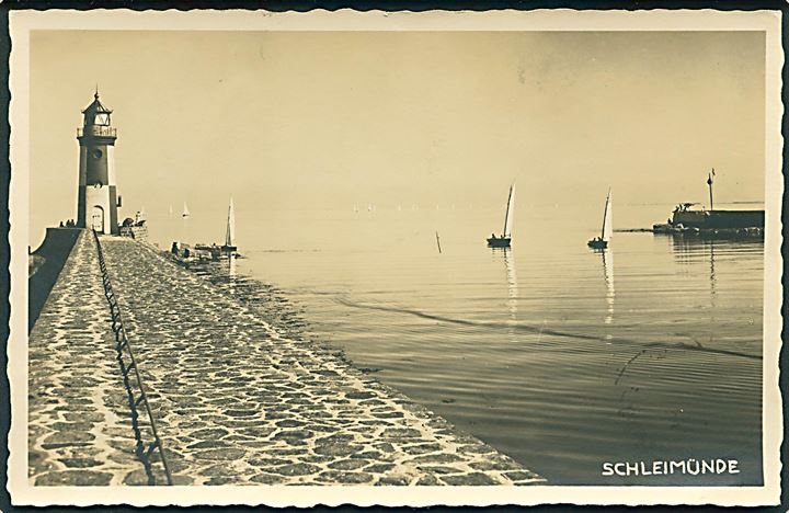 Schleimünde med havnefyr. Sliminde / Lodsøen. Fotokort. Mimosa u/no. 