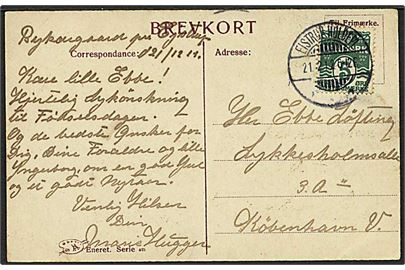 5 øre grøn bølgelinie på postkort fra Eistrup d. 21.2.1912 til København. Eistrup Holdepl. Ia brotypestempel.