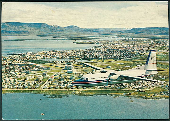 Fokker F.27 Friendship TF-FIJ fra Flugleiðir over Reykjavik. Sólarfilma no. 49. Frankeret med 4,50 kr. UIT sendt som luftpost fra Reykjavik 1966 til Danmark. 