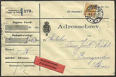 35 øre Fr. VIII single på adressebrev for pakke med opkrævning fra Kjøbenhavn K d. 6.12.1912 til Skive.