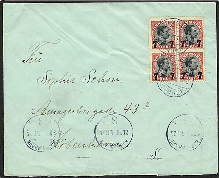 7/27 øre Provisorium i fireblok på brev fra Skive annulleret med bureaustempel Langaa - Struer T.1030 d. 4.11.1926 til København.