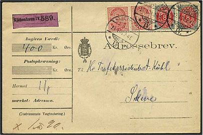 8 øre Tofarvet omv. ramme og 10 øre Våbentype, begge i parstykker, på adressebrev for værdipakke fra Kjøbenhavn IV d. 25.1.1901 til Skive.