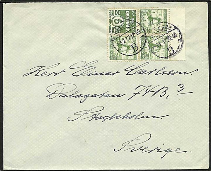 5+5 øre Dybbøl Mølle og 5 øre Bølgelinie i sammentrykt foreblok fra hæfte på brev stemplet Hillerød B. d. 3.2.1937 til Stockholm, Sverige.