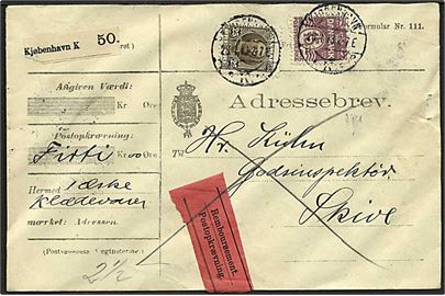 15 øre Bølgelinie og 25 øre Fr. VIII på adressebrev for pakke med opkrævning fra Kjøbenhavn K d. 26.4.1913 til Skive.