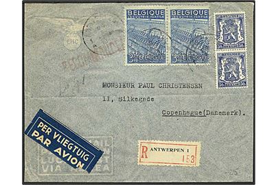 7,30 fr. blandingsfrankeret anbefalet luftpostbrev med perfin CL (Credit Lyonnais) fra Antwerpen 1948 til København, Danmark. Afsender på bagsiden.