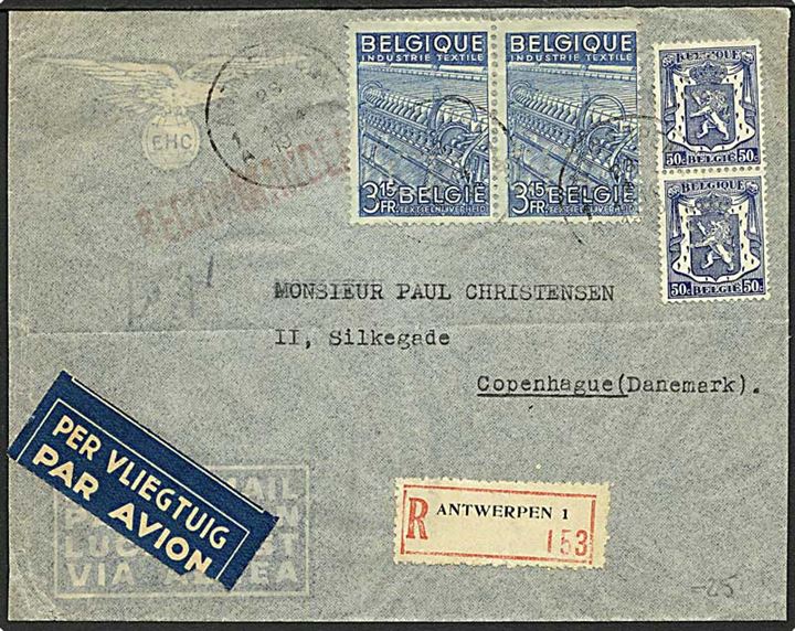 7,30 fr. blandingsfrankeret anbefalet luftpostbrev med perfin CL (Credit Lyonnais) fra Antwerpen 1948 til København, Danmark. Afsender på bagsiden.
