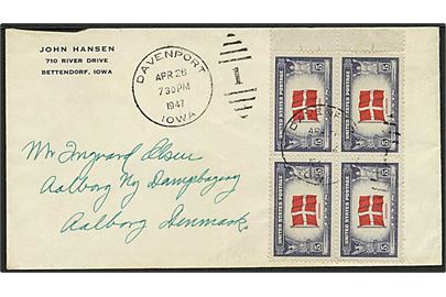 5 c. Denmark udg. i fireblok på brev fra Davenport Iowa d. 28.4.1947 til Aalborg, Danmark.