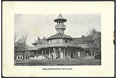 Billeder i postkortstørrelser med tryk på begge sider fra Kalundborg med Møllebakkens Pavillon.