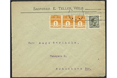 1 øre Bølgelinie i 3-stribe og 12 øre Chr. X på brev fra Vejle d. 16.3.1920 til København.