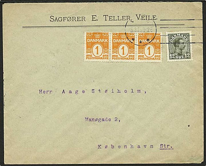 1 øre Bølgelinie i 3-stribe og 12 øre Chr. X på brev fra Vejle d. 16.3.1920 til København.