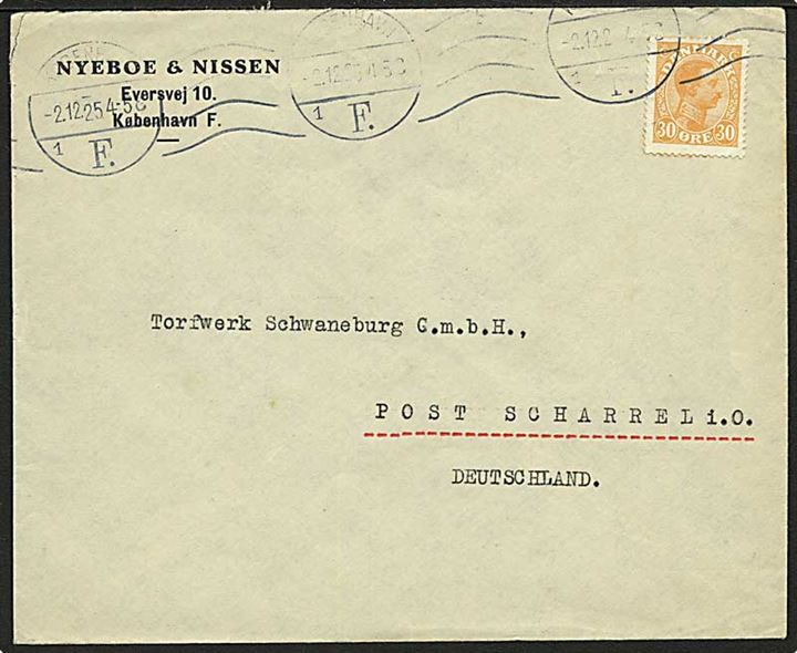 30 øre Chr. X single på brev fra København d. 2.12.1925 til Scharrel, Tyskland.